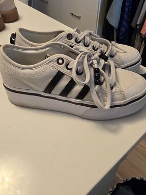Adidas Women's White Canvas Platform Sneakers with Black Stripes
